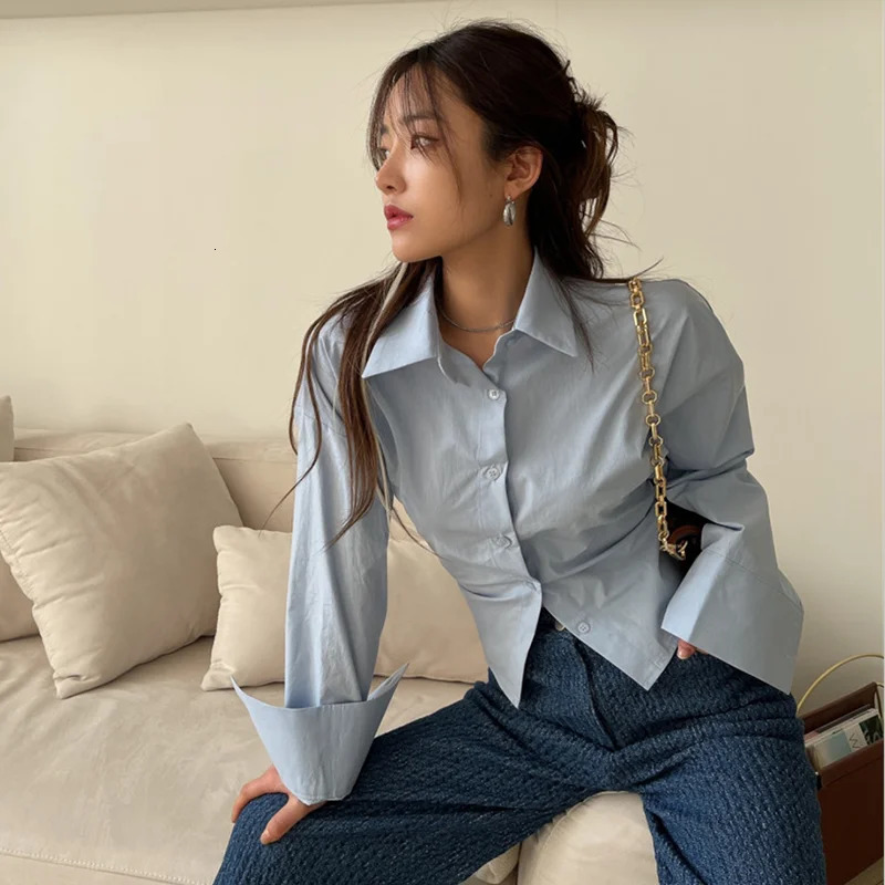 Korean Women Shirts Sweet Bandage Chic Long Sleeve Female Casual Blouse Summer Solid Turn Down Collar Ladies Crop Tops 250527