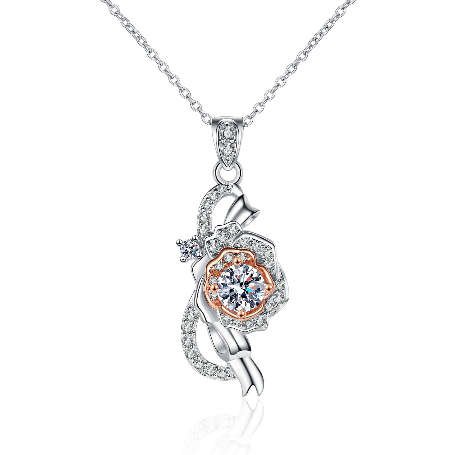 925 Sterling Silver Rose Pendant Necklace with Moissanite Stone, PT950 Gold Plated Elegant Split Color Design for Women Daily Wear