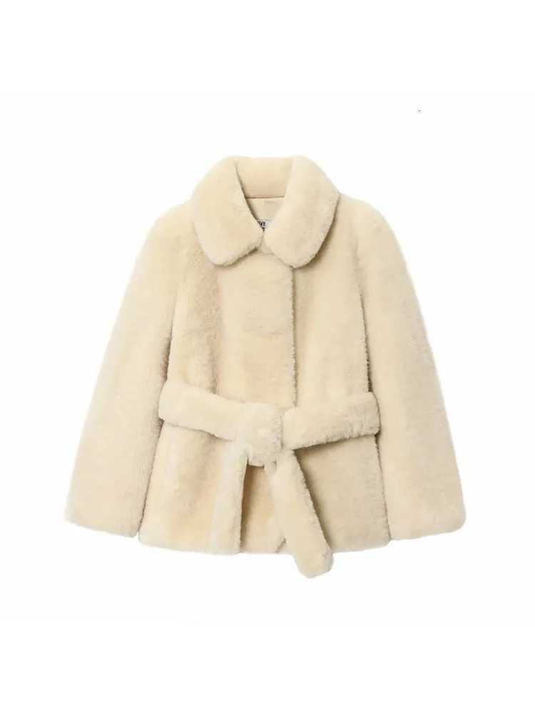 Women Thicken Faux Fur Coats For Autumn Winter Warm Long Sleeve Turn Down Collar Coats Chic New Belt Loose Jacket Street TopsT251201