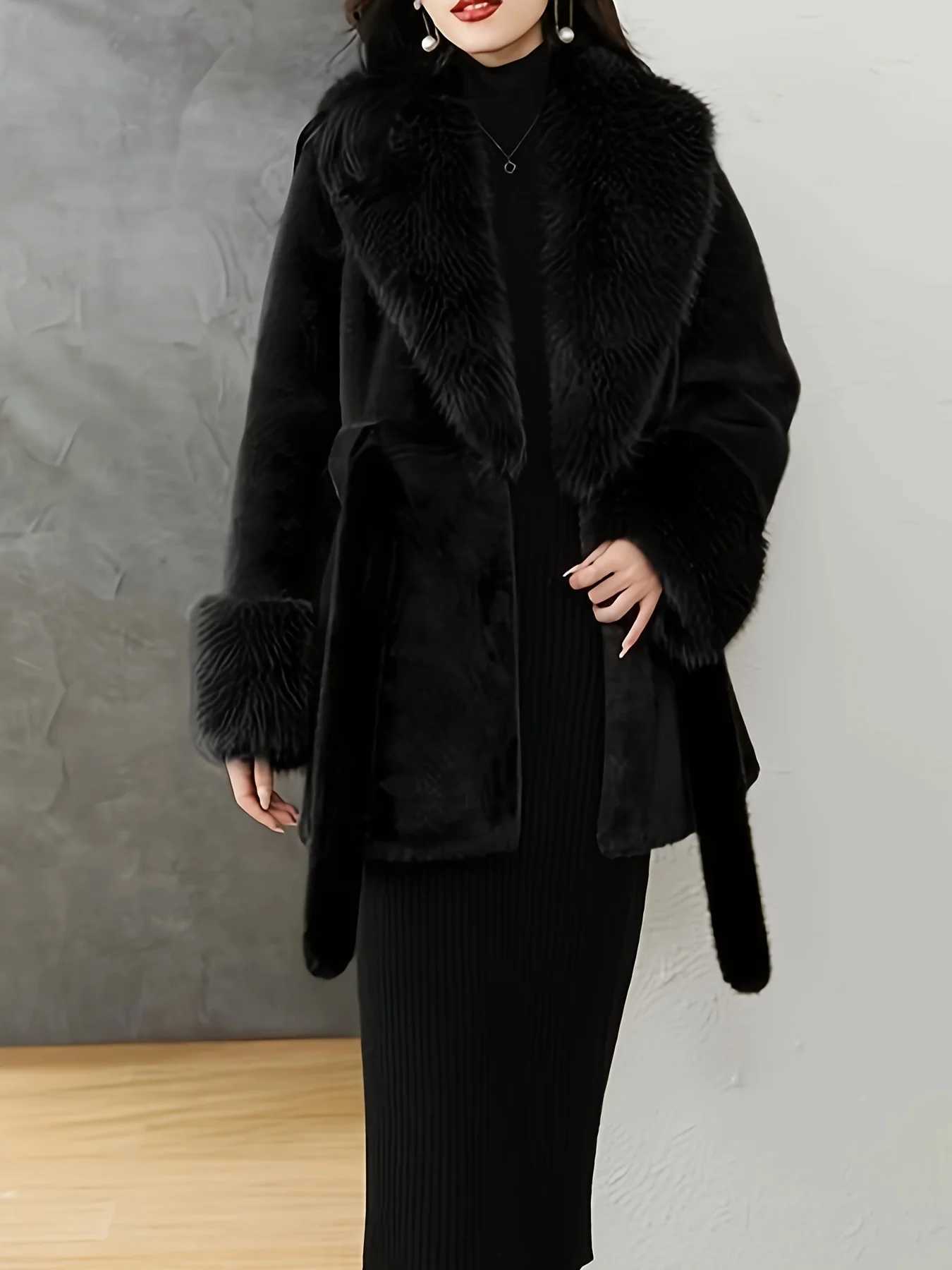 Luxurious Faux Fur Hood Brown Coat Warm Winter Elegance Textured Outerwear with Belt Shop NowT251201