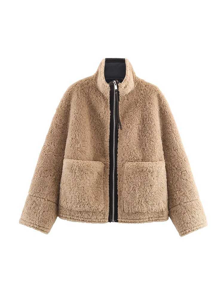 TFMLN Winter Womens Warm Leather Lamb Fur Splicing Jackets Chic Stand Collar Large Pockets Zipper Casual Fur Street OuterwearT251201