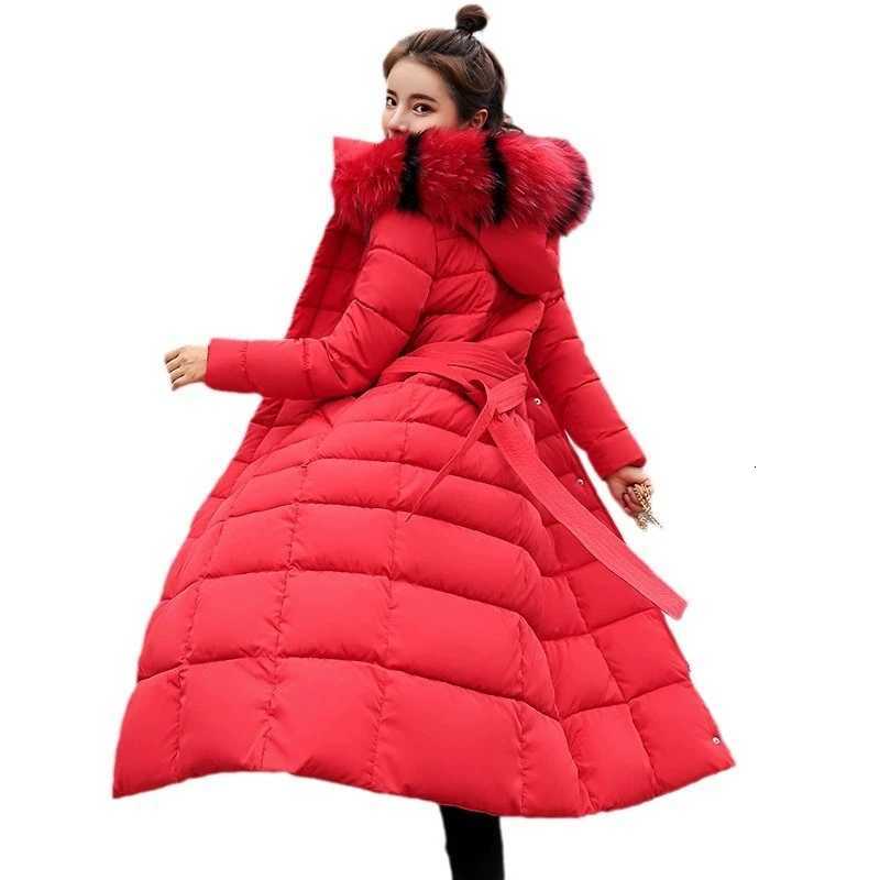 Women Winter Long Cotton Coat 2025 New Women Big Fur Collar Parkas Korean Loose Belt Slim Jacket Down Cotton Coat Women OutwearT251201