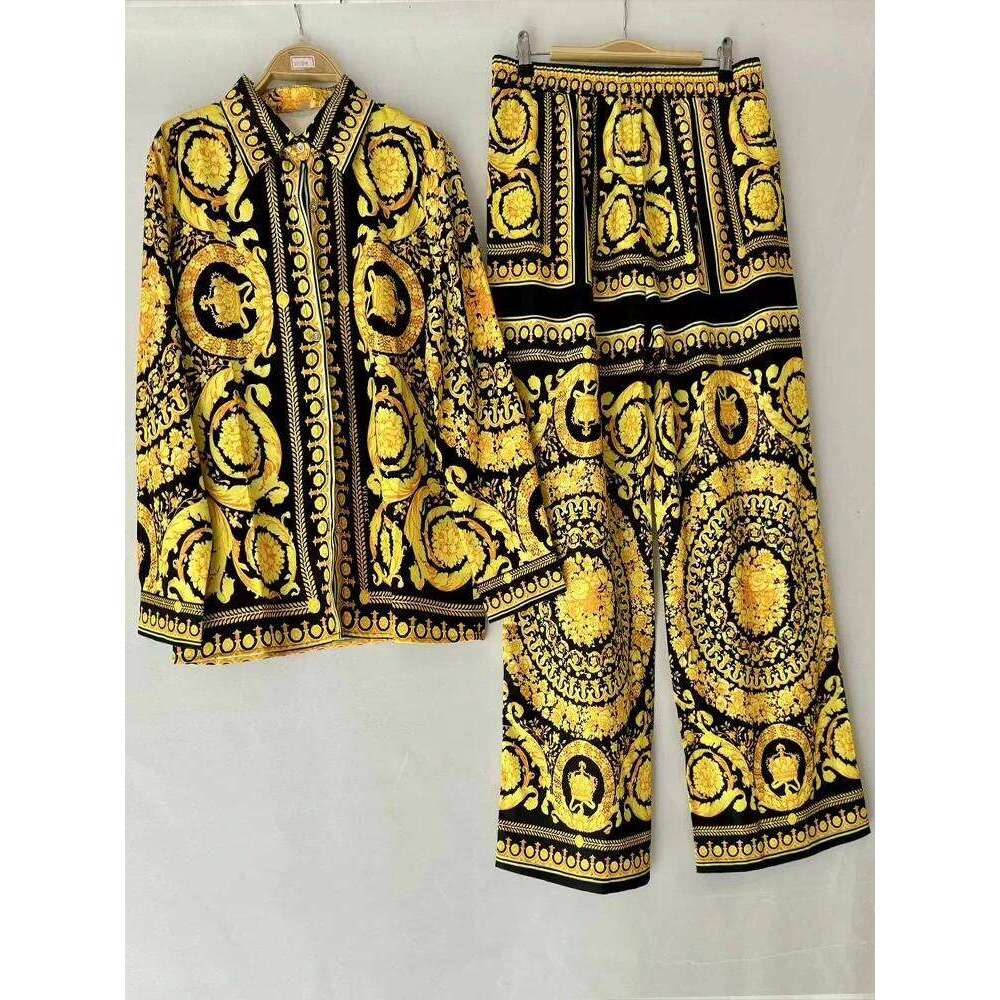 Women's Wear Luxury Printed Loose Long-Sleeved Shirt Spring And Summer Women's Two-Piece Suit+Elastic Waist Straight Pants Casual Suit