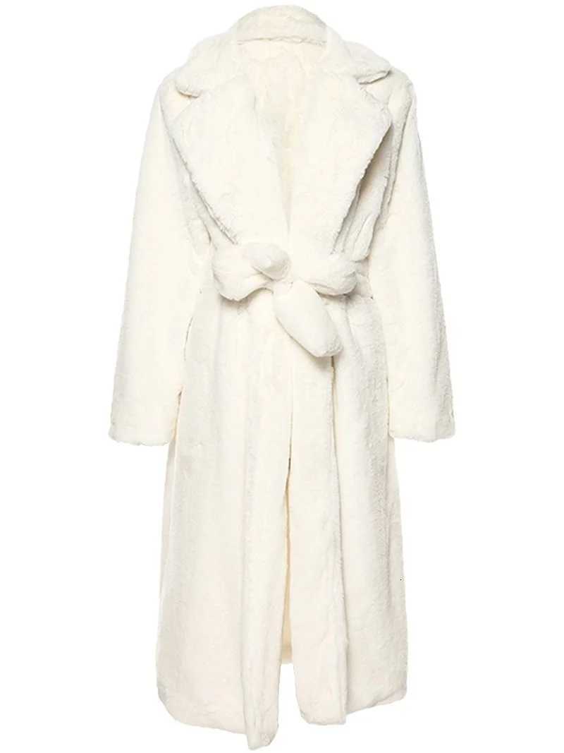 Long Faux Fur Coat Women Long White Fluffy Warm Maxi Coat Hood Lapel Sashes Loose High Waist Jackets 2025 Outerwear JacketT251201