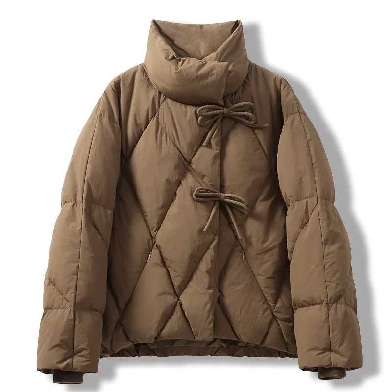 Chic Elegant Autumn Winter Women White Duck Down Coat Casual Lady Stand Collar Bow Outwear Female Solid Puffer Parka JacketT251201