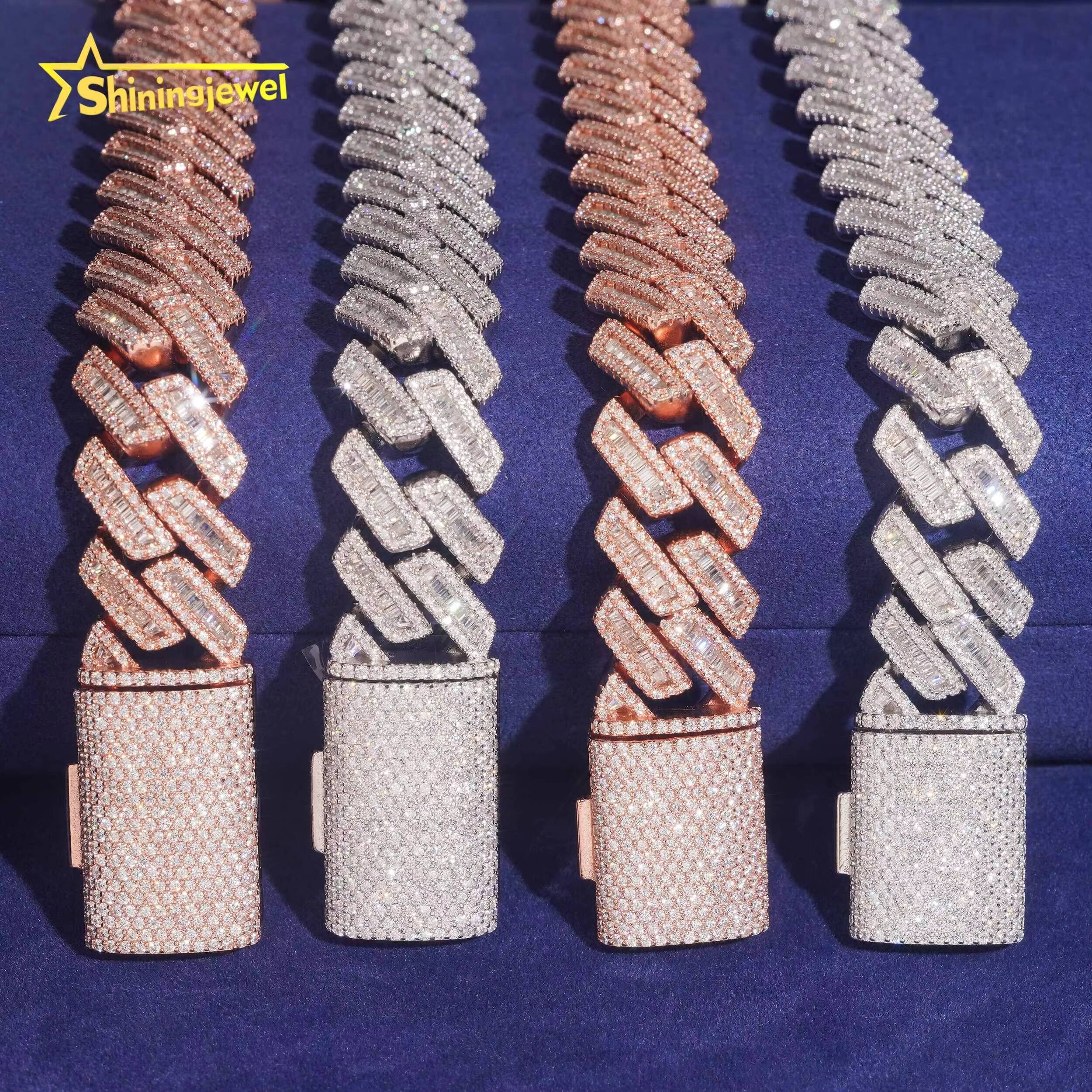 Cuban Link Chain 18mm S925 Rose Gold Plated Pass Diamond Test VVS Baguette Moissanite Diamond Cuban Necklace Men Jewelry