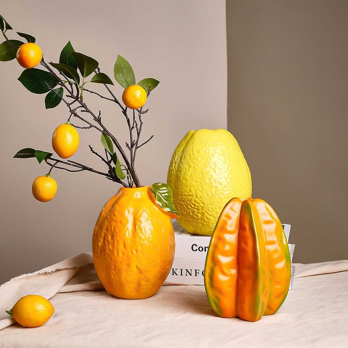 Resin Vase Simated Fruit Statue Cartoon Star Fruit Vase Lemon Flowerpot Flower Arrangement Accessories He Decoration Y251201
