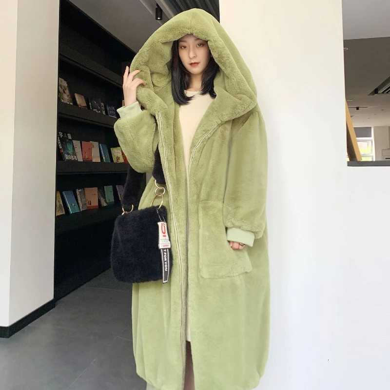 New Hooded Long Warm Thickened Jacket Trend Faux Rabbit Fur Coat Winter Casual Plush High-quality Outerwears TopT251201