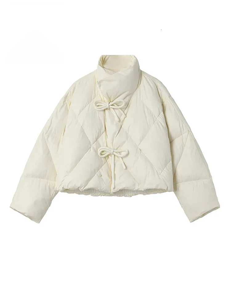 New Fashion Casual White Down Cotton Coat Winter Women Y2K Stand Collar Warm Bow Solid Padded Jacket Slim Fit Outerwear KoreanT251201