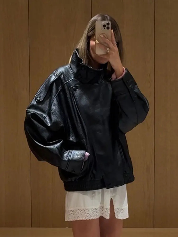 HH Street Fashion Asymmetric Leather Jacket For Women Long Sleeves Zipper With Pockets Turtleneck Autumn Retro Loose Coats 251103