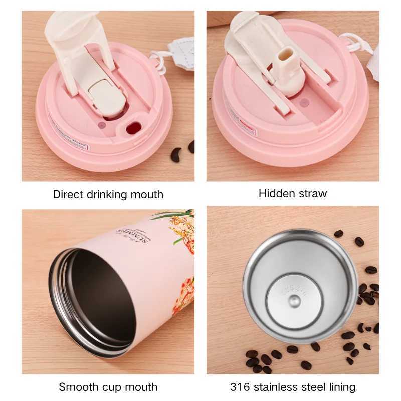 500ml Dual Drink Vacuum Flask with Straw Insated Cup Thermal Water Bottle 316 Stainless Steel Wen Flower Coffee g H251201 W260226