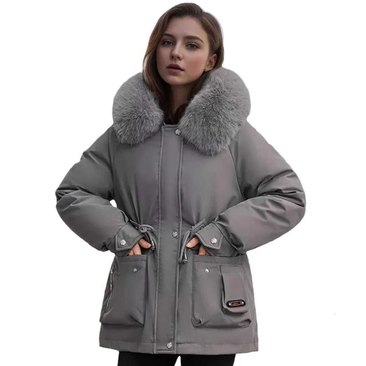 2025 Winter Womens Jacket Fur Collar Thicken Warm Casual Cotton Jacket Female 2 Pocket Drawstring Waist Cinching Parka JacketT251201