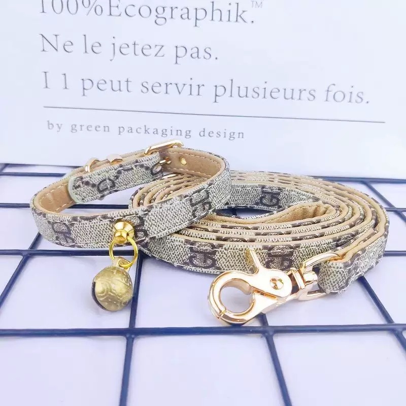 Luxury Dog Collar with Bell and Dog Tag Classic Design Adjustable Leather Pet Collar and Leash for Small Medium Dogs, Lightweight for Daily Use