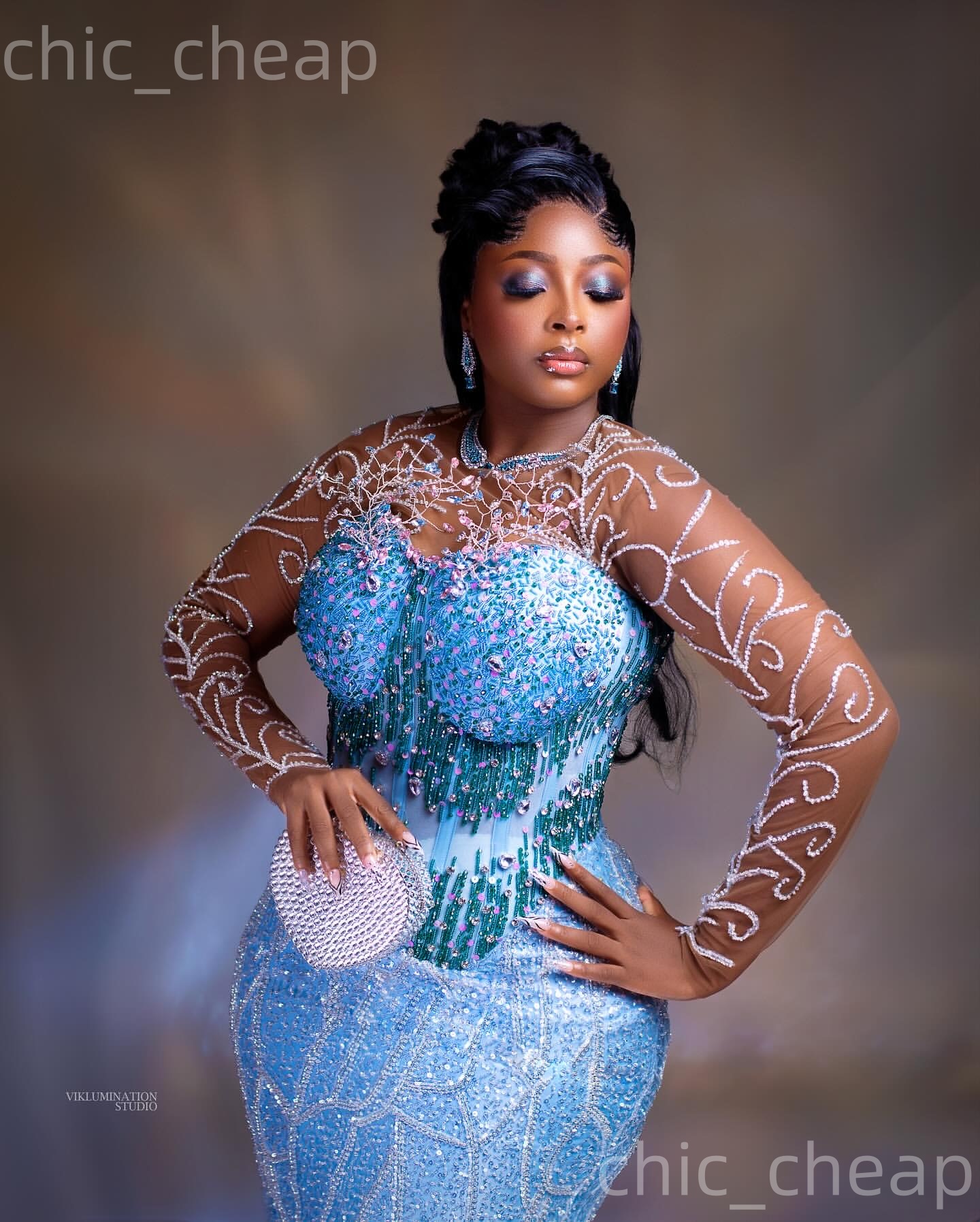 Aso Ebi Sky Blue Mermaid Prom Dresses 2026 Crystals Beaded Full Sleeves Evening Formal Party Second Birthday Engagement Gowns Plus Size Dress For Spec