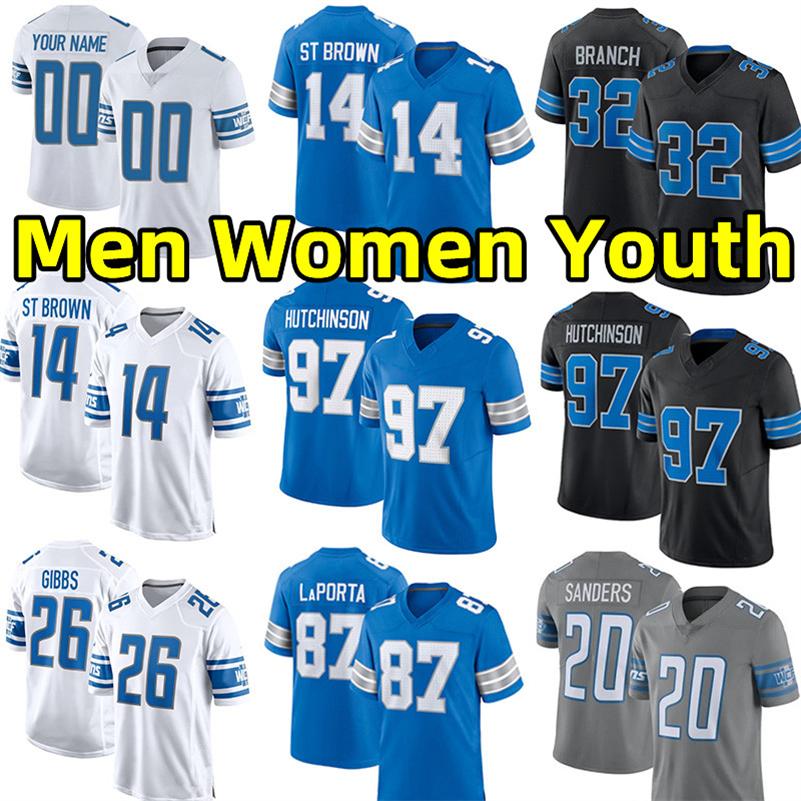 Detroi Football Jerseys Amon Ra St Brown Jahmyr Gibbs David Montgomery Barry Sanders Brian Branch Jameson Williams Sam LaPorta Custom Jersey Men Women Youth Kids