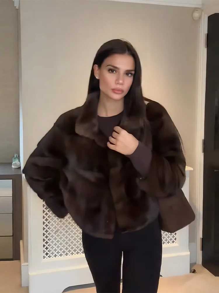 Autumn Winter Vintage Brown Faux Fur Jacket For Women High Neck Long Sleeve Crop Furry Coat 2025 New Lady Trendy Warm OutwearsT251201