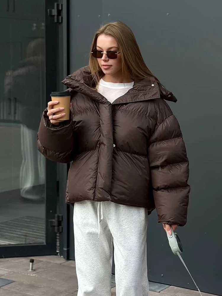 Women Hooded Short Cotton Coat Casual Brown Stand Collar Full Sleeve Loose Jacket Chic Autumn Lady Winter Office Commute OutwearT251201