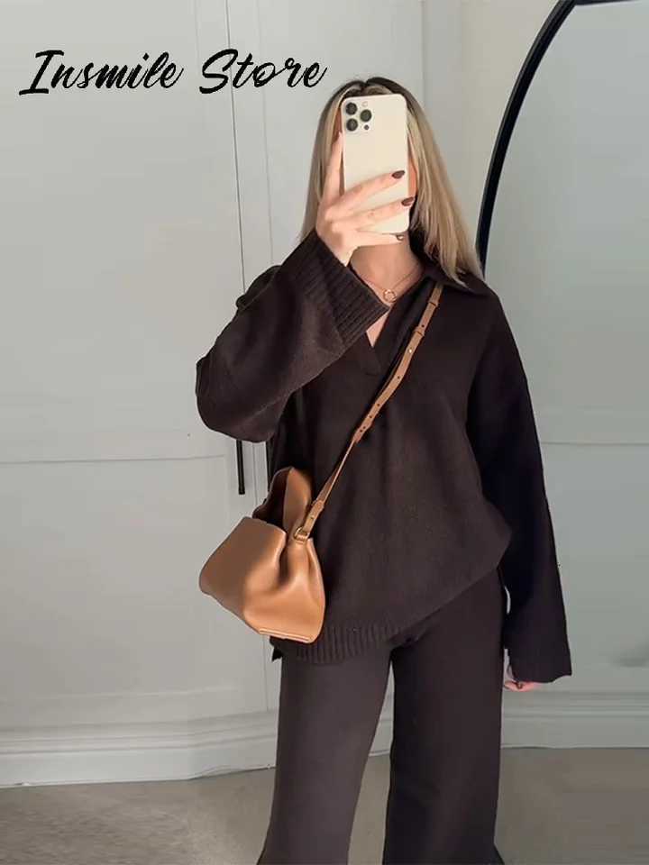 Casual Knit Hooded Tracksuit Set Women Loose Full Sve Zipper Pockets Jacket Wide Leg Pants 2025 Autumn Winter Lady Solid Suit W251201