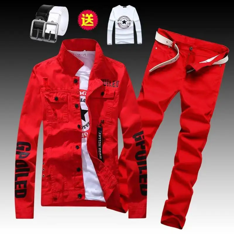 Mens Slim Fit Denim Jacket Pants 2pcs Set Long Sleeve Coats Letters Printed Casual Large Size Black White Red Boys Trousers251129