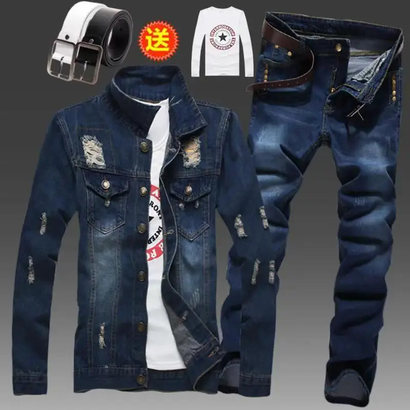 Mens Slim Fit Denim Jacket Pants 2pcs Set Long Sleeve Coats Letters Printed Casual Large Size Black White Red Boys Trousers251129