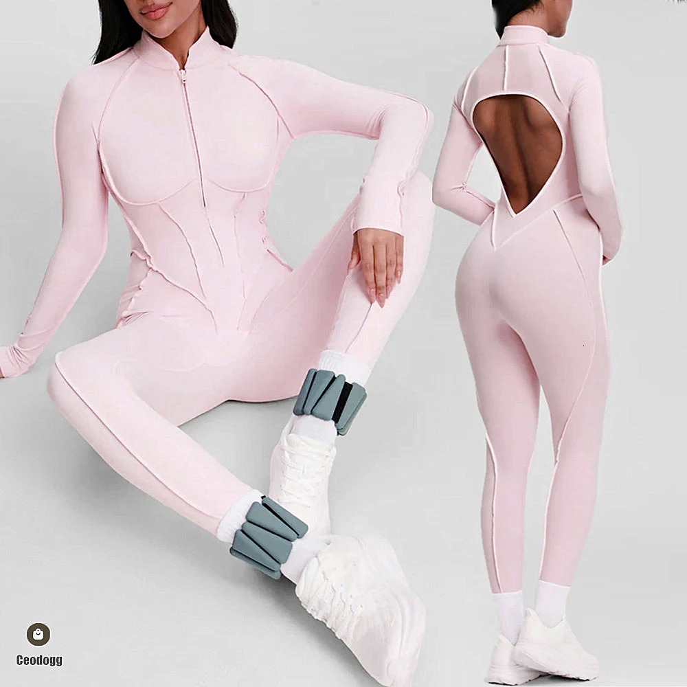 Pad Zipper Yoga Set Sports Fitness Hollow Back Skinny Women One-Piece Jumpsuits Workout Legging Clothing Gym Bodysuit XP83 251201