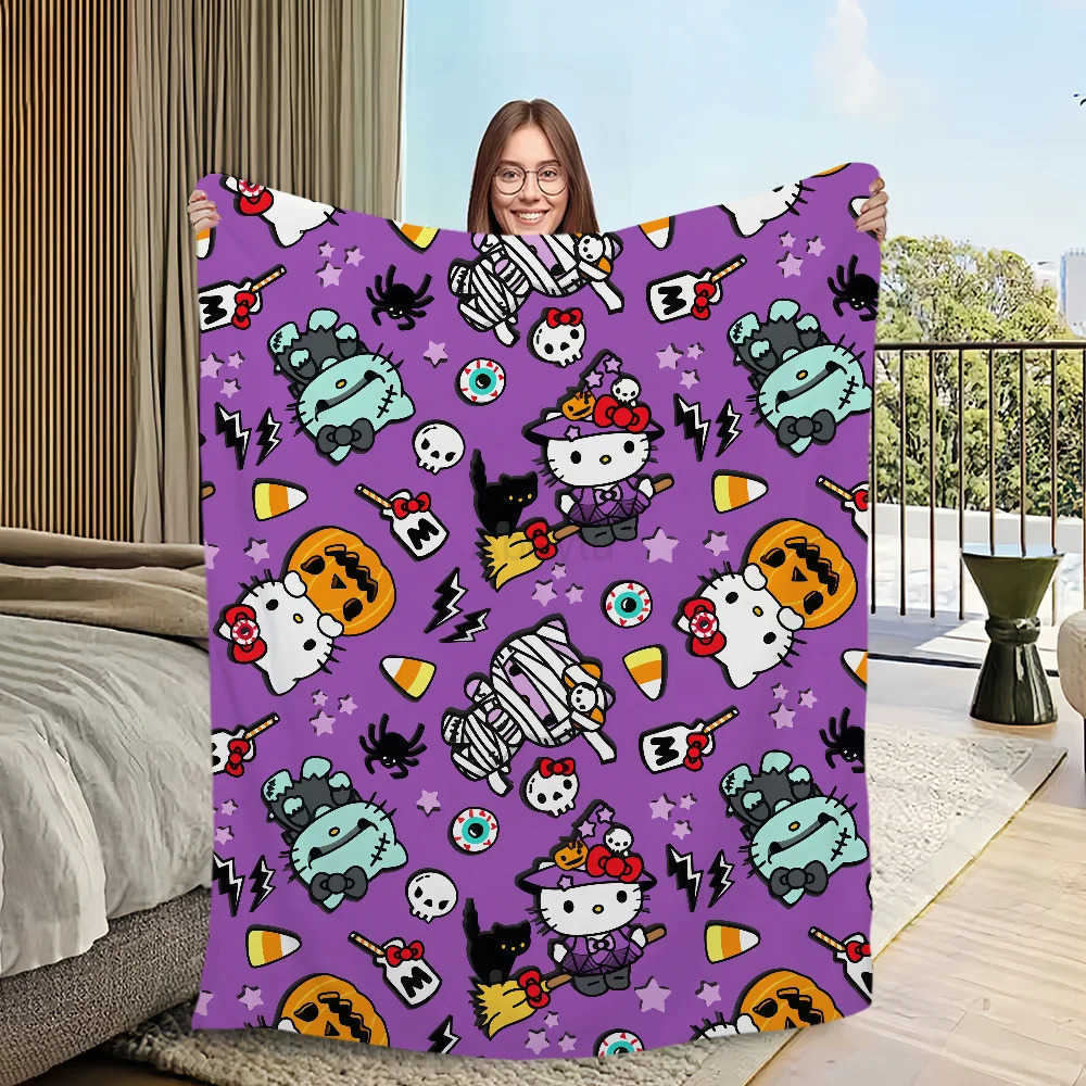 Sanrio Halloween Magical art cat cute H-Hello K-Kitty warm soft plush blanket for sofa living room office bedroom travel gift Flannel H251201