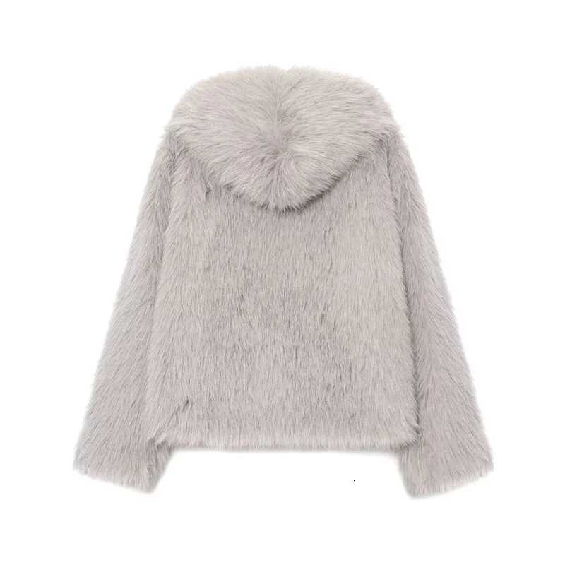 Womens Coat 2025 Winter New Gray Long-Sleeve Faux Fur Hooded Warm Loose Coat Casual Fashion High-End PersonalizedT251201