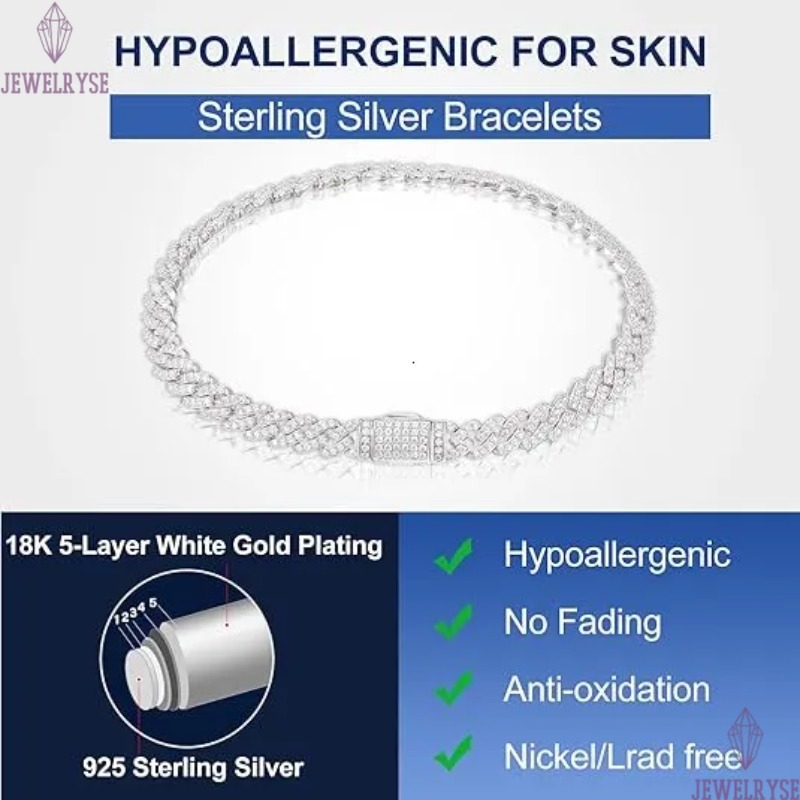 White Gold 925 Sterling Silver VVS Moissanite Diamond Cuban Link Chain Bracelet Iced Out Mossanite Jewelry For Men Womennb