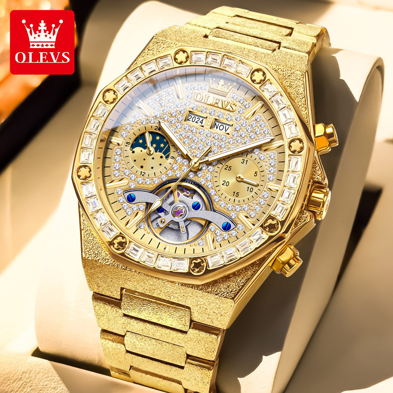 OLEVS Designer Outdoor Men's Business Watch Frosted Steel Band Skeleton Gold Style Mechanical Frame Sports Luxury Multi-functional Mechanical Wat