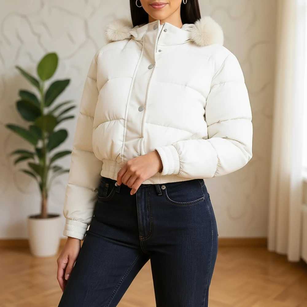 Womens Down Jacket with Faux Fur Pom-Pom Hood Solid Color Crop Style for Winter Casual Warm Daily Wear Cotton-Padded CoatT251201