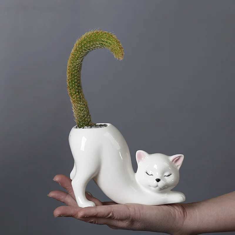 Cartoon Cat Flower Pot Vase Cute Cat Tail Succent Planting Pot Porcelain Flower Vase Flowerpot He Decoration Accessories Y251201