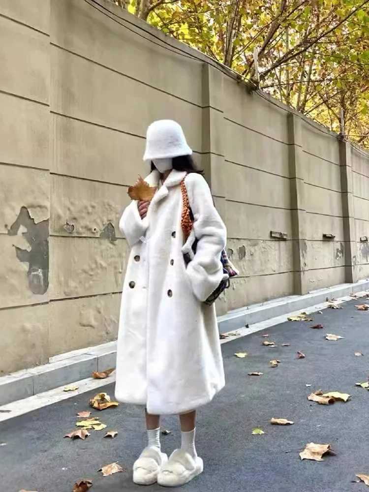 Autumn Winter Imitation Rabbit Fur Thickened Warm Suit Collar Long Coat High Quality Boutique Long Sleeve Double-breasted CoatT251201