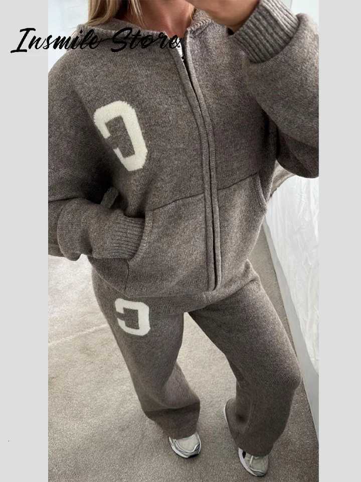 Casual Knit Hooded Tracksuit Set Women Loose Full Sve Zipper Pockets Jacket Wide Leg Pants 2025 Autumn Winter Lady Solid Suit W251201