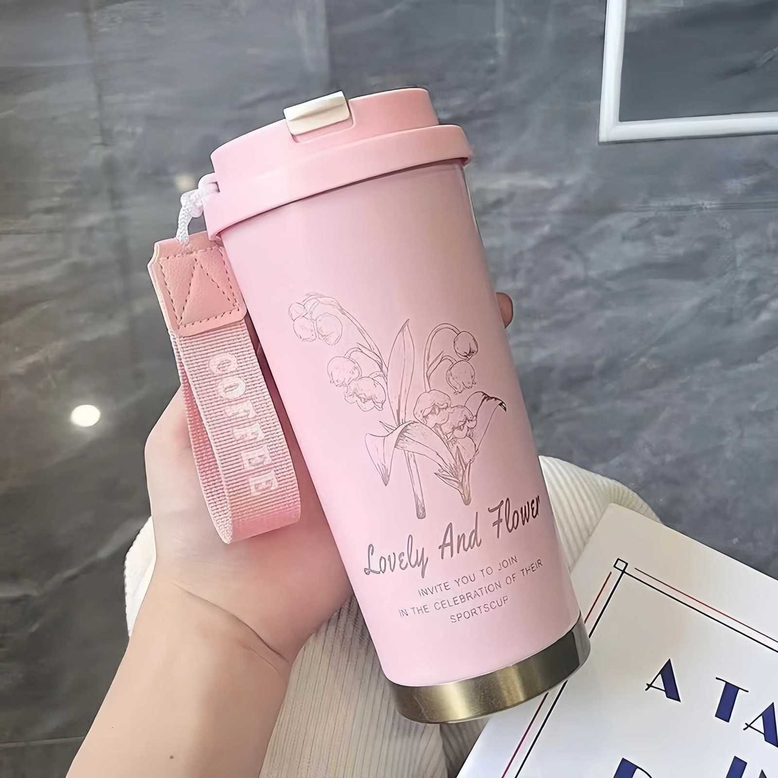 500ml Dual Drink Vacuum Flask with Straw Insated Cup Thermal Water Bottle 316 Stainless Steel Wen Flower Coffee g H251201 W260226
