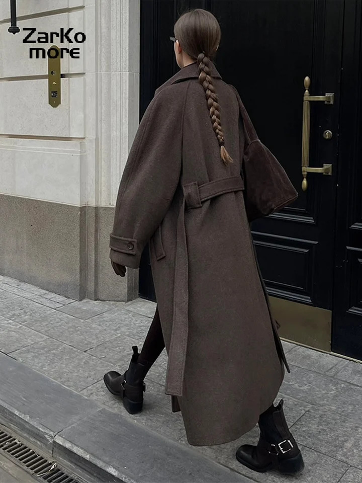 Elegant Grey Belt Long Faux Wollen Coat Women Lapel Double Breasted Street Coats Female 2025 Autumn Winter Lady Peacoat 251129