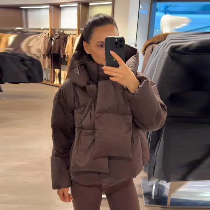 Thicken Womens Down Jacket Brown Detachable Scarf Collar Hooded Cotton Padded Coats Warm Outwears 2025 New Winter Lady CoatsT251201