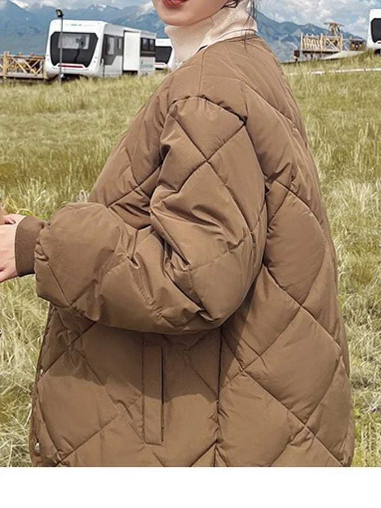 New in Winter Cotton-Padded Jacket for Women New Versatile Lightweight Rhombus Plaid Cotton-Padded Jacket Simple and StylishT251201