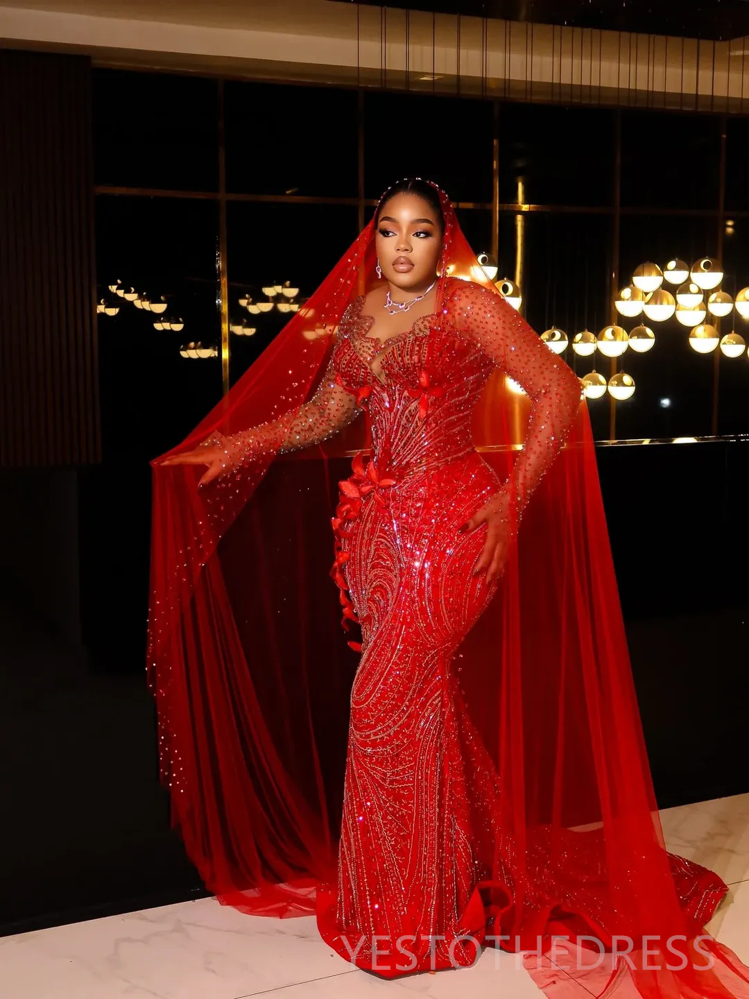 Plus Size Red 2026 Prom Dress Mermaid Evening Dresses For Black Women Beaded Lace Crystals Flora Illusion Long Sleeves Birthday Dress Second Reception