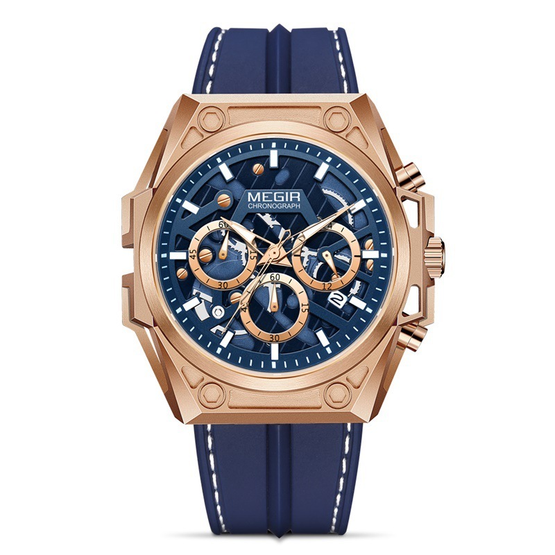 MEGIR Designer Men's Watch Fashion Stainless Steel Night Light Chronograph Skeleton Sports Quartz Watch Silicone Strap 4220 Luxury Business Wrist