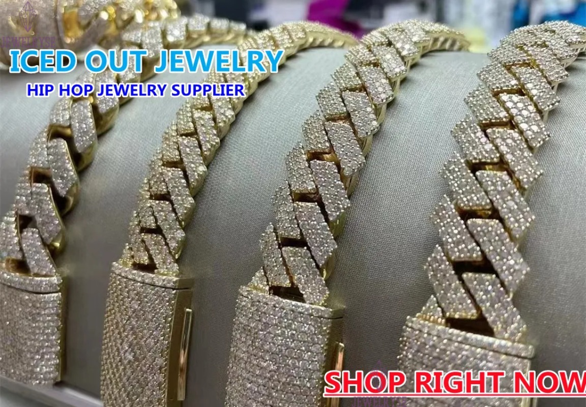 Rose Gold 24mm 5 Rows Vvs Moissanite Diamonds Pass tester Sterling Silver Miami Cuban Chain Moissanite