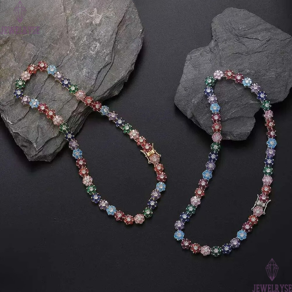 Hip-Hop tennis Sterling Sier VVS Moissanite dia cluster iced out cuban chain for men women colorful floral bracelet necklace