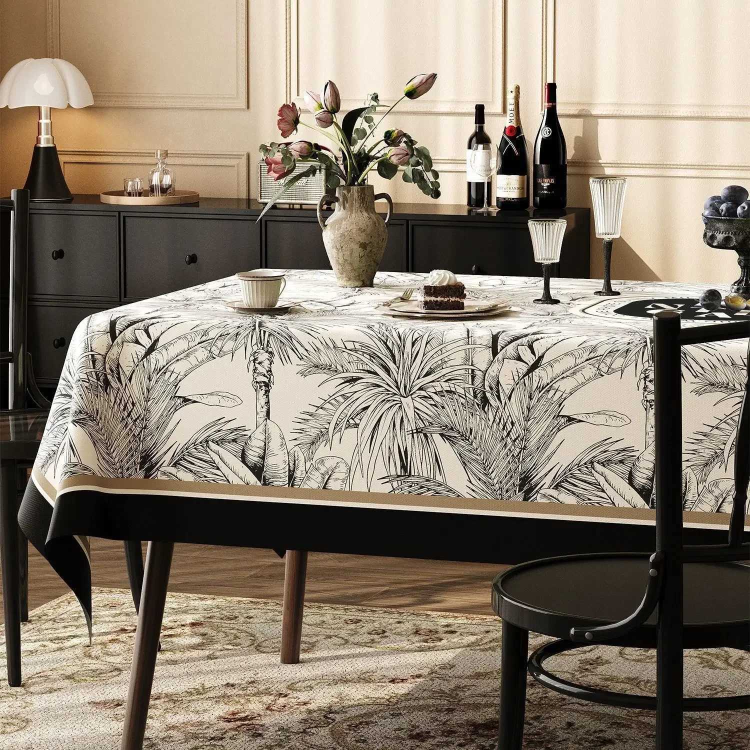French Black Plant Pattern Tablecloths Green Minimst Lint Decor Dust Cover Premium Rectangular Coffee Table Tablecloth Y251201