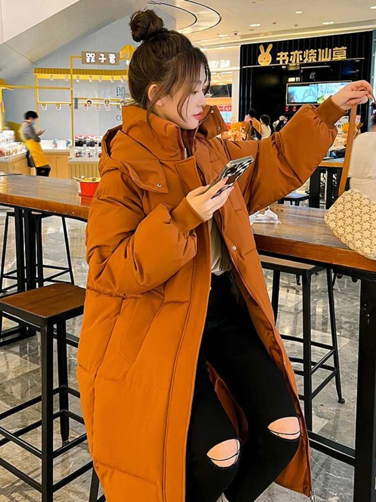 Womens Winter 2025 Outerwear Korean Loose Long Knee Length Solid Hooded Jacket Long Thickened Down Cotton Bread Style CoatT251201