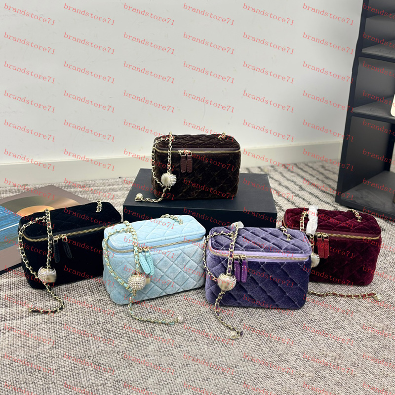 Five-Color Rhine-Diamond Gold Ball Mini Feminine Makeup Bag Diamond Plaid Velvet Adjustable Chain Vintage Underarm Fanny Pack Designer Coin Purse 17x10cm