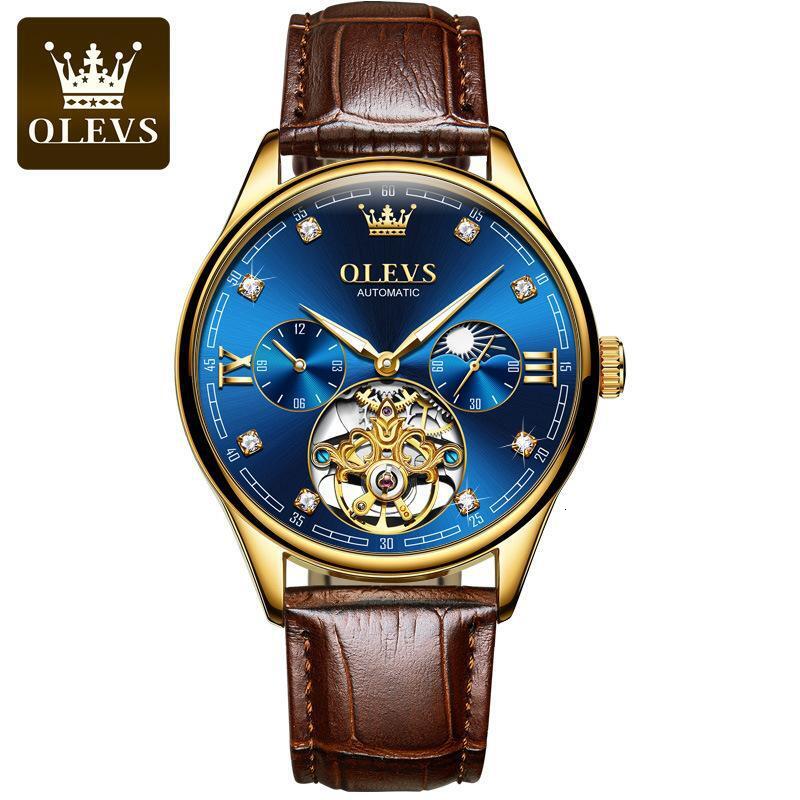 OLEVS Designer Luxury Men's Waterproof Watch Versatile Exquisite Leather Strap Mechanical Watch Men's Multi Code Table Business Watch Free S