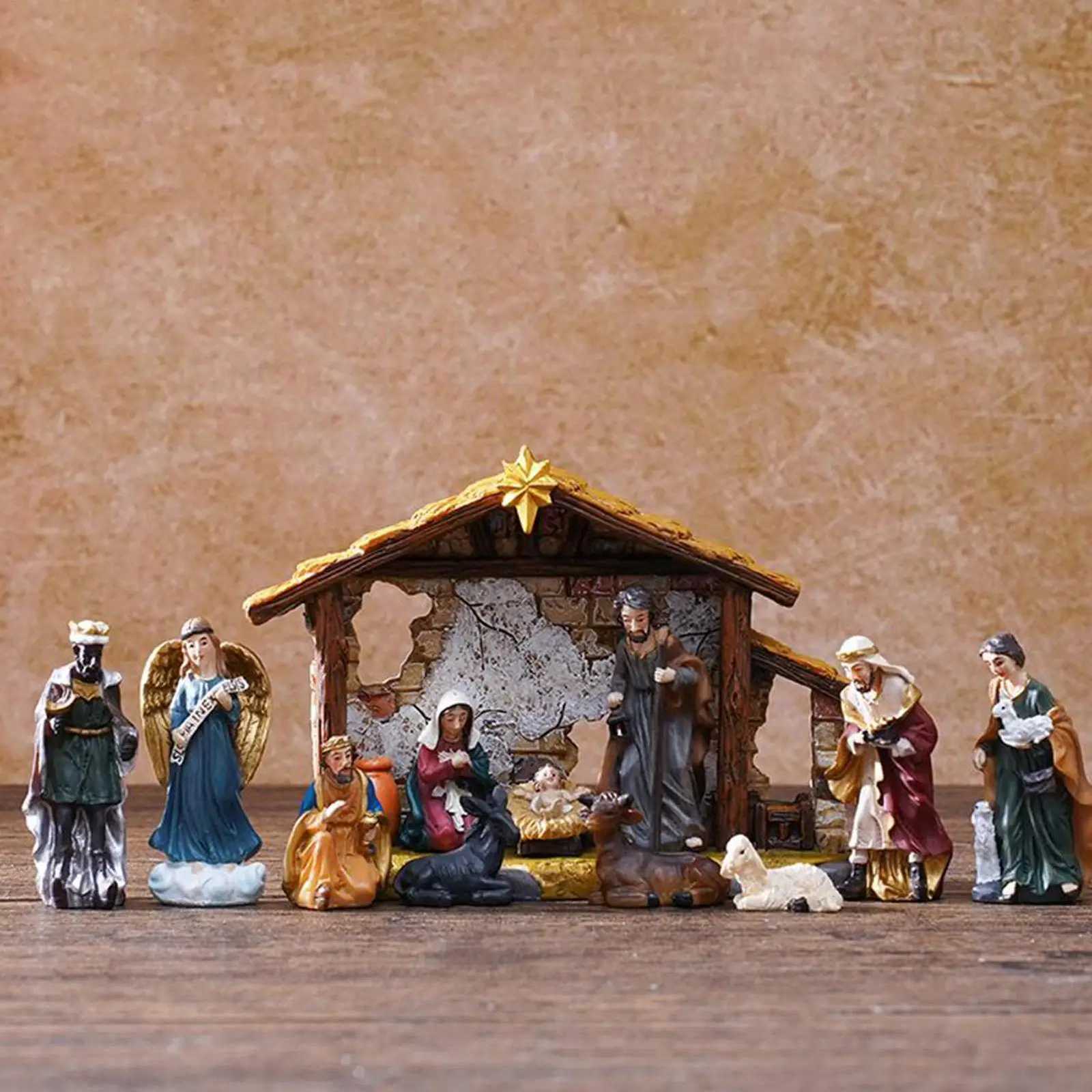 Nativity Set Christmas Manger Scene Decor 12 Pcs Resin Figurines Set with Stable for He Table Bookshelf Christmas Decorations H251129