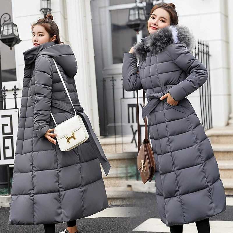Women Winter Long Cotton Coat 2025 New Women Big Fur Collar Parkas Korean Loose Belt Slim Jacket Down Cotton Coat Women OutwearT251201