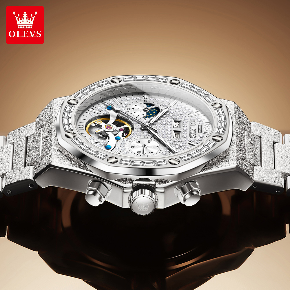 OLEVS Designer Outdoor Men's Business Watch Frosted Steel Band Skeleton Gold Style Mechanical Frame Sports Luxury Multi-functional Mechanical Wat