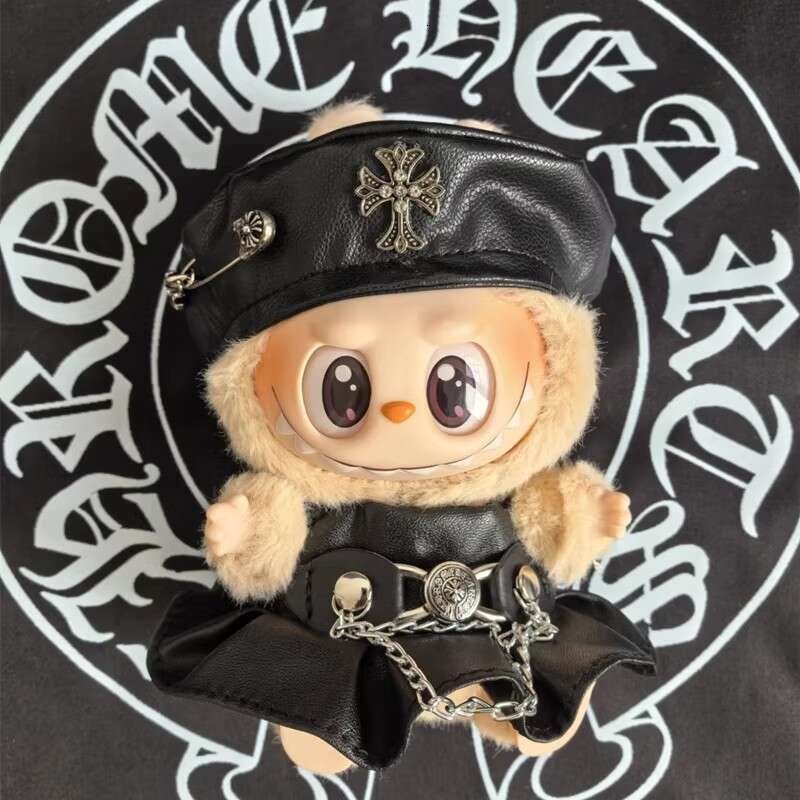 15/17cm Doll Labubu Sitting Party Motorcycle Trendy Cool Leather Jacket Hat Set Clothes