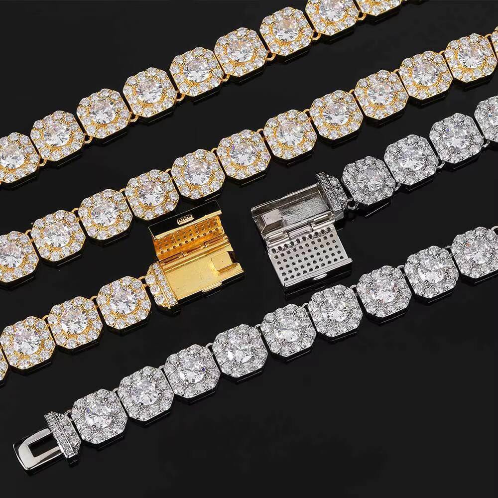 BOYI Mens Hip-hop Fashion Necklace European and American Style Gold Plated Brass with Full Square Zircon and Tennis Chain